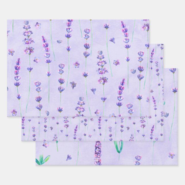 Watercolor Purple Lavender Flowers Wrapping Paper Sheet (Set)