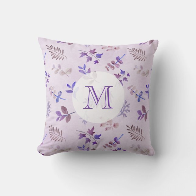 Watercolor Purple Leaves & Foliage Monogram Cushion (Front)