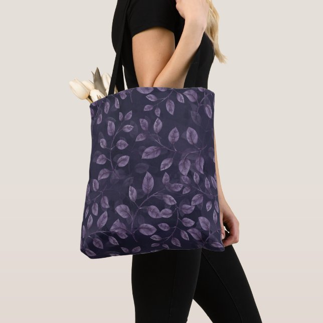 Watercolor Purple Leaves Pattern Tote Bag (Close Up)