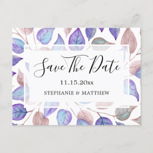 Watercolor Purple Leaves Wedding Save The Date Announcement Postcard