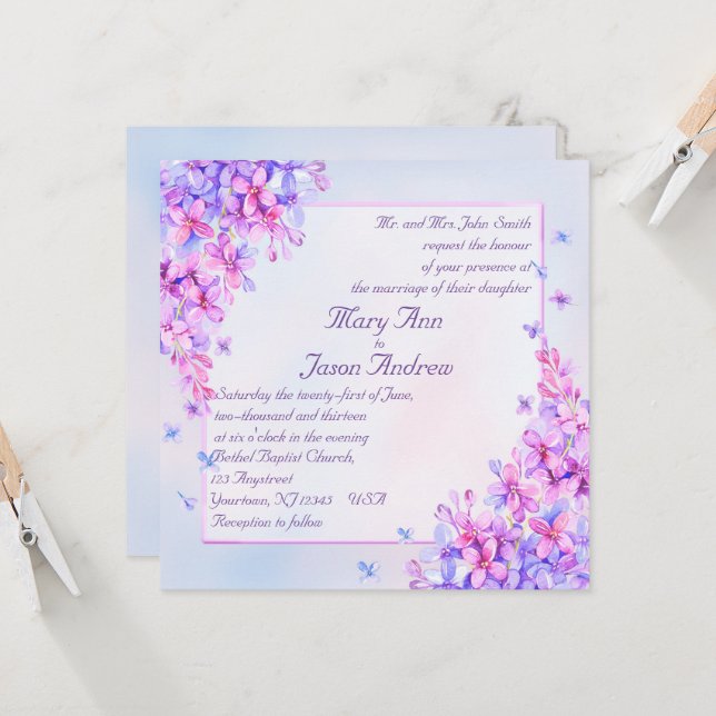 Watercolor Purple Lilac Flower Invite Card (Front/Back In Situ)