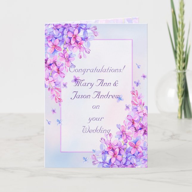 Watercolor Purple Lilac Flower Wedding Card (Front)