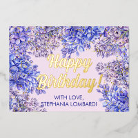 Watercolor Purple Lilac Flowers Birthday Gold