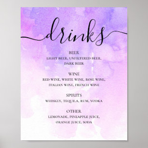 Watercolor purple lilac script wedding drinks bar poster