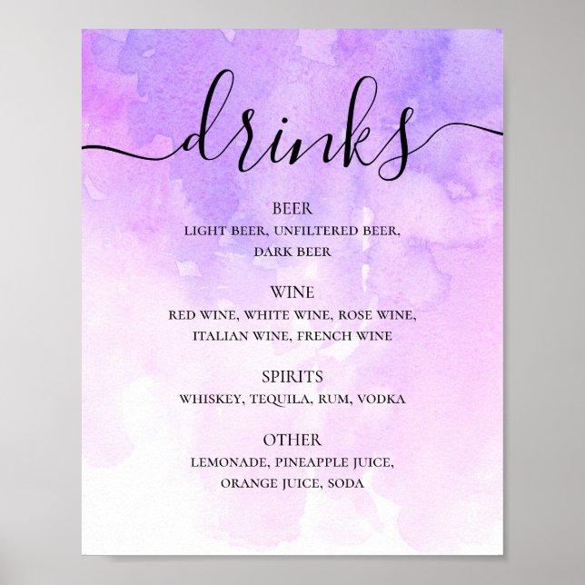Watercolor purple lilac script wedding drinks bar poster (Front)