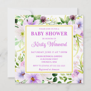 Watercolor Purple Magical Flowers Baby Shower Invitation
