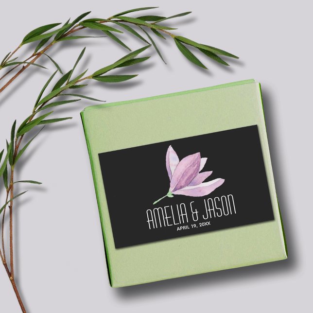 Watercolor Purple Magnolia Wedding Rectangular Sticker (Magnolia Floral Wedding Favor Black Rectangle Stickers)