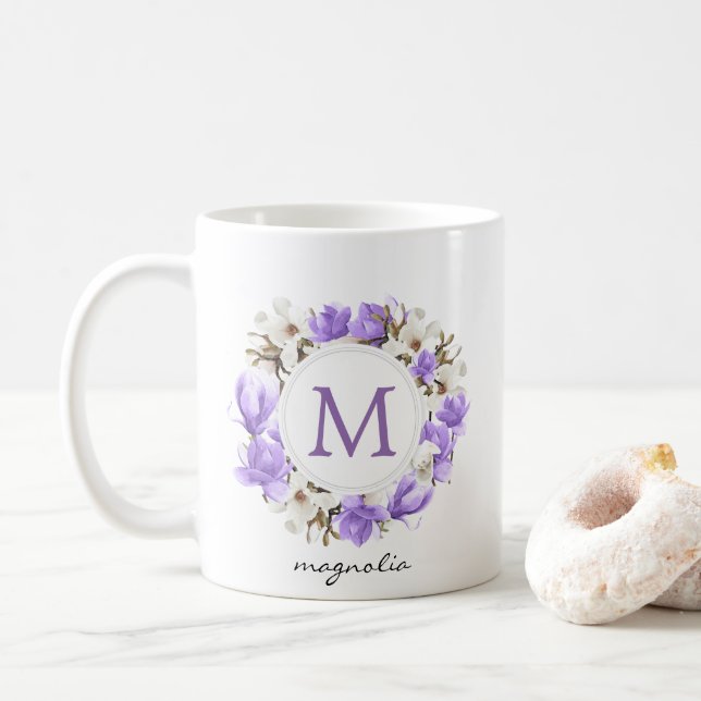 Watercolor Purple Magnolia Wreath Monogram Coffee Mug (With Donut)