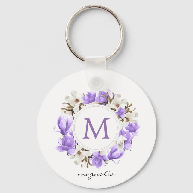 Watercolor Purple Magnolia Wreath Monogram Key Ring (Front)