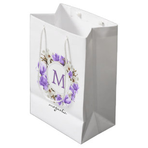 Watercolor Purple Magnolia Wreath Monogram Medium Gift Bag