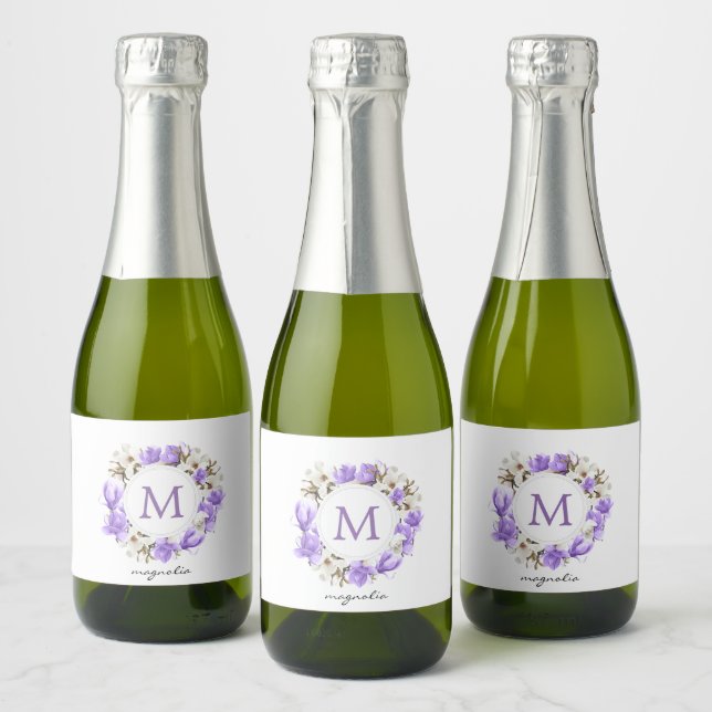 Watercolor Purple Magnolia Wreath Monogram Sparkling Wine Label (Bottles)
