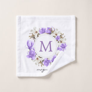 Watercolor Purple Magnolia Wreath Monogram Wash Cloth