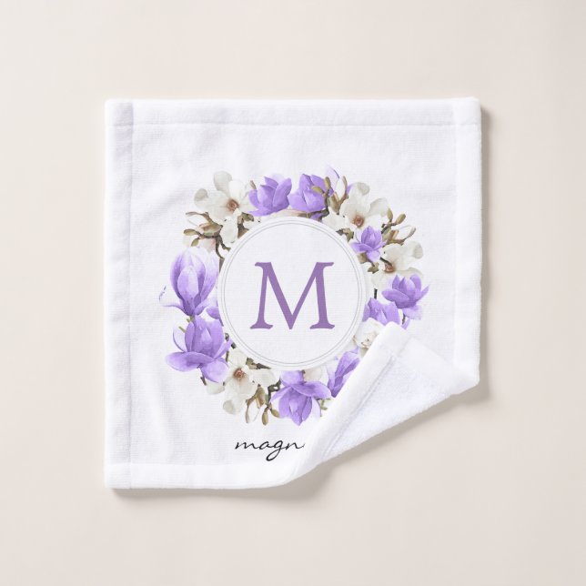 Watercolor Purple Magnolia Wreath Monogram Wash Cloth (Wash Cloth)