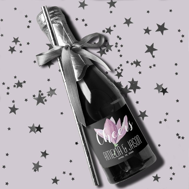 Watercolor Purple Magnolias Wedding Mini Sparkling Wine Label (Watercolor greenery wedding mini champagne labels for favors or to serve to guests)