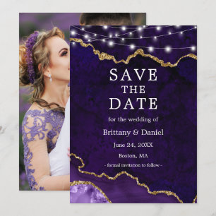 Watercolor Purple Marble Agate Geode Lights Photo Save The Date