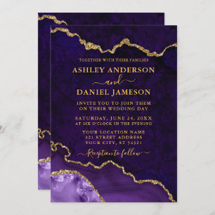 Watercolor Purple Marble Agate Geode Wedding Gold Invitation