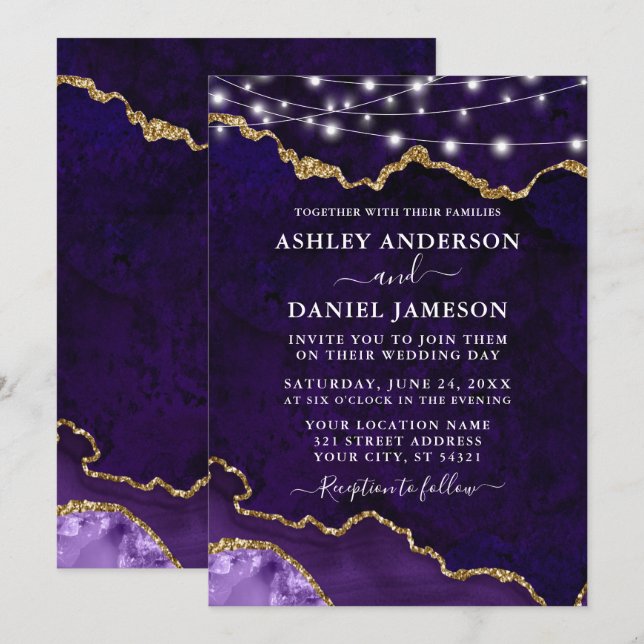 Watercolor Purple Marble Geode Lights Wedding Invitation (Front/Back)