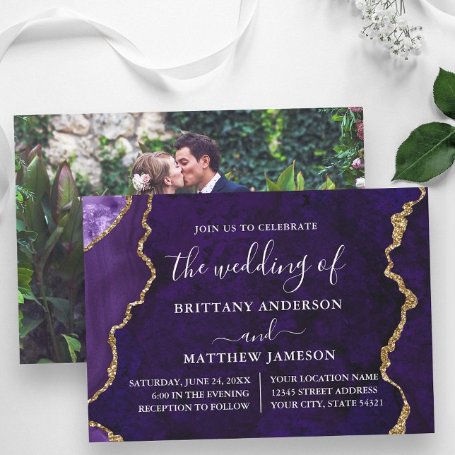 Watercolor Purple Marble Gold Photo Wedding Invitation (Customize to change text size or text style.)