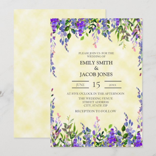 Watercolor Purple on Yellow Wedding Invite (Front/Back)