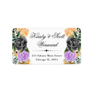 Watercolor Purple Orange Black Flowers Wedding Label