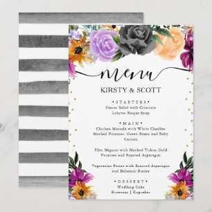 Watercolor Purple Orange Black Flowers Wedding Menu