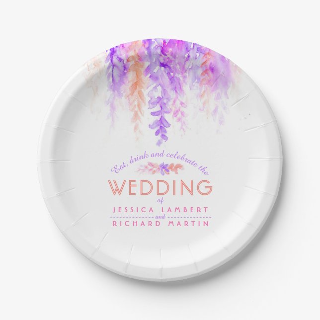 Watercolor purple orange custom wedding plates (Front)