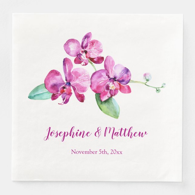 Watercolor Purple Orchid Floral Wedding Napkin (Front)