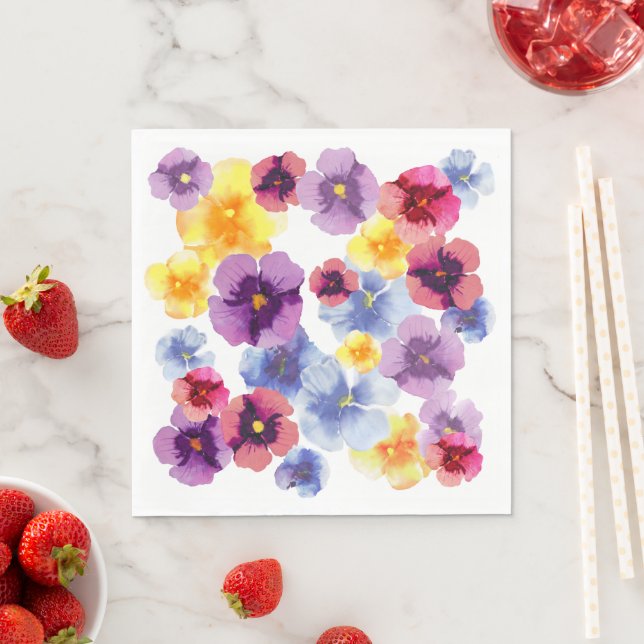 Watercolor Purple Pansy Pattern Boho Bridal Shower Napkin (Insitu)