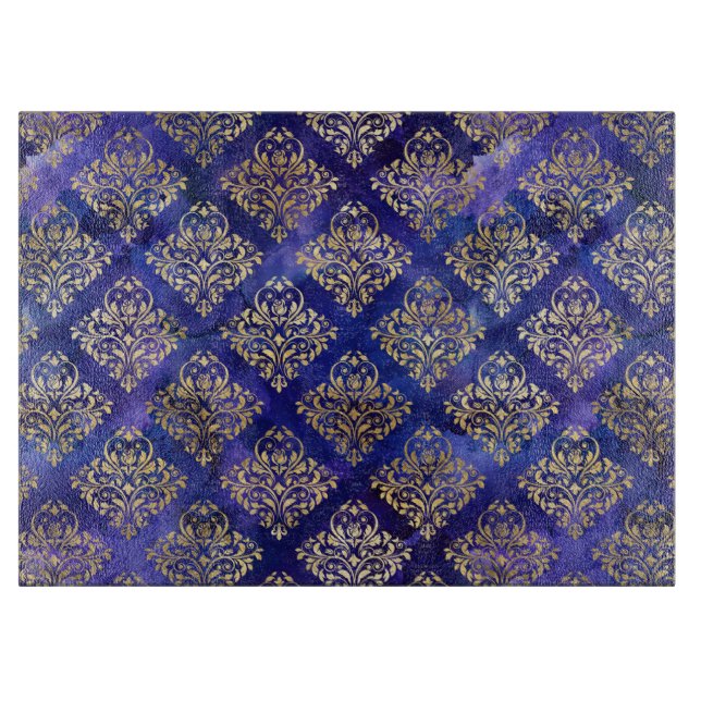 Watercolor Purple Pattern with Gold Damask Cutting Board (Front)