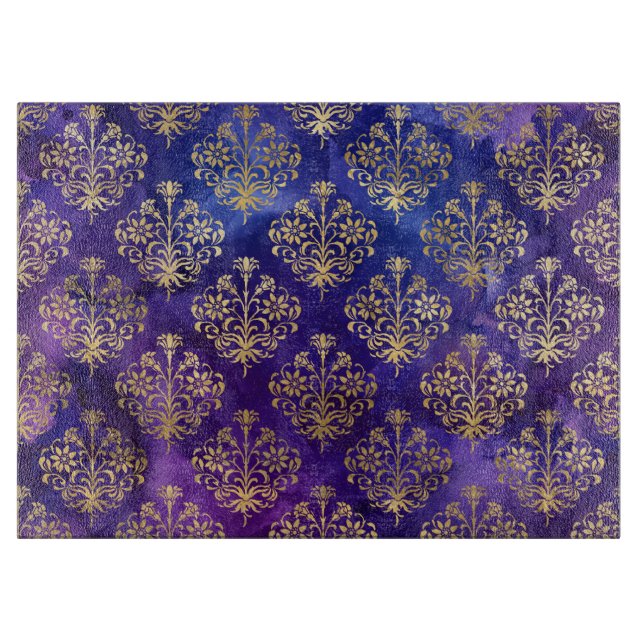 Watercolor Purple Pattern with Gold Damask Cutting Board (Front)
