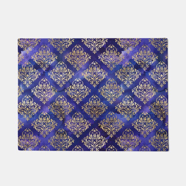 Watercolor Purple Pattern with Gold Damask Doormat (Front)