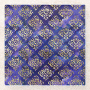 Watercolor Purple Pattern with Gold Damask Glass Coaster