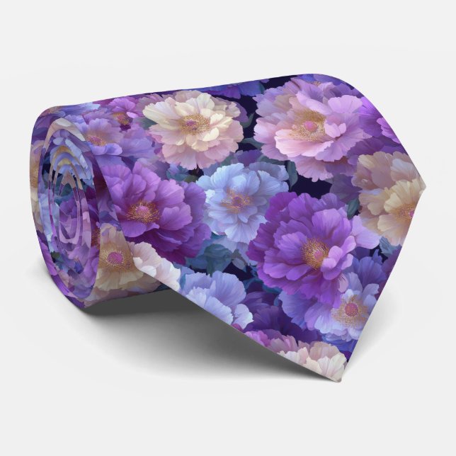 Watercolor Purple Peony Floral Pattern Tie (Rolled)