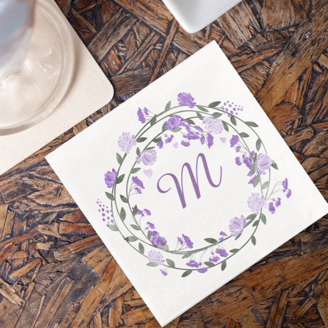 Watercolor Purple Peony Monogram Wreath Napkin (Creator Uploaded)