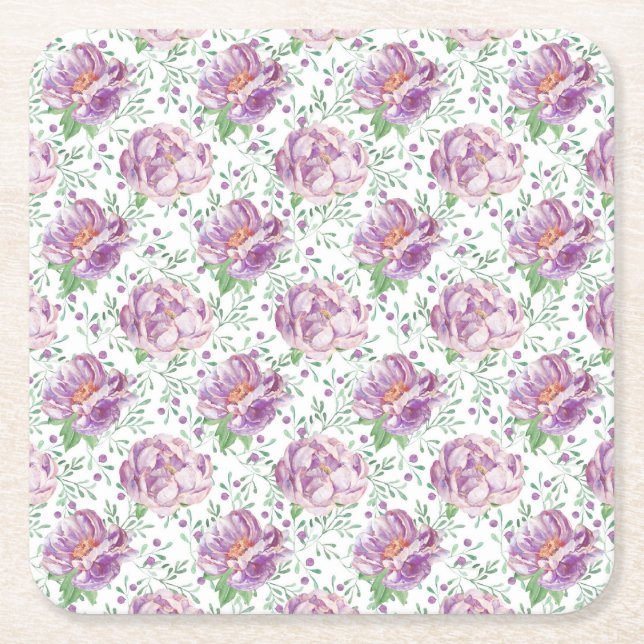 watercolor purple peony square paper coaster (Front)