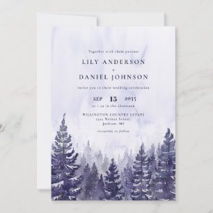 Watercolor Purple Pine Tree Forest QR Code Wedding Invitation
