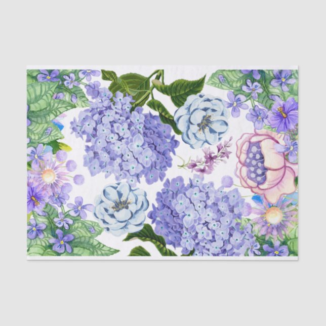 Watercolor Purple, Pink, Blue Garden Flowers  Tissue Paper (Front)