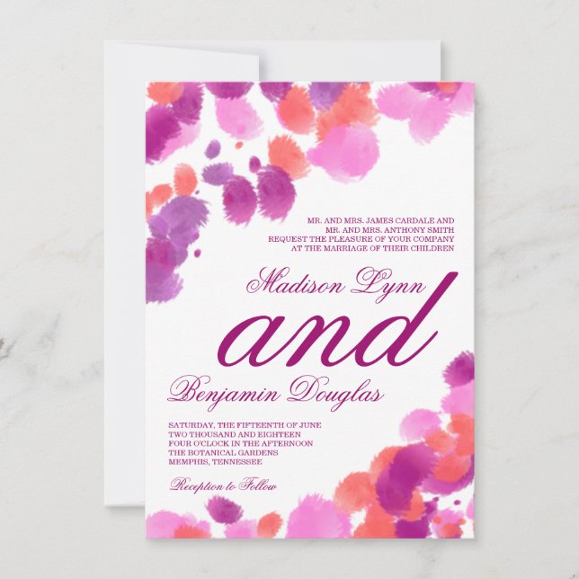 Watercolor Purple Pink Coral Wedding Invitations (Front)