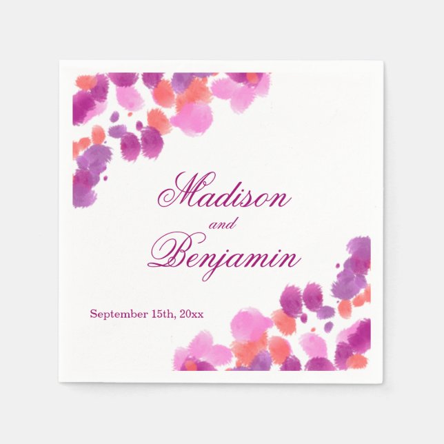 Watercolor Purple Pink Coral Wedding Napkins (Front)