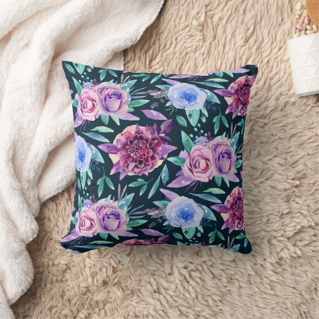 Watercolor purple pink floral garden pattern cushion (Blanket)