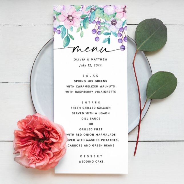 Watercolor purple pink floral garden wedding menu (Creator Uploaded)
