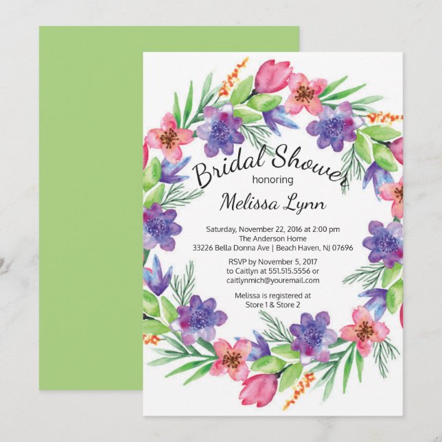 Watercolor Purple & Pink Flowers Bridal Shower Invitation (Front/Back)