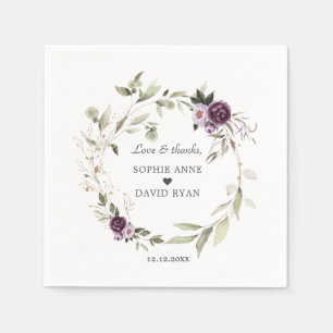 Watercolor Purple Pink Flowers Leaves Wedding Napkin