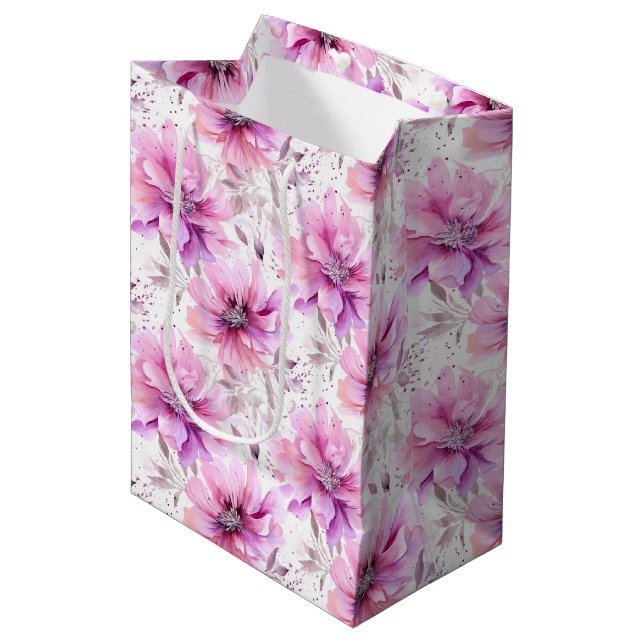 Watercolor Purple Pink Flowers Spring Pattern  Medium Gift Bag (Front Angled)