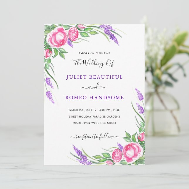 Watercolor Purple Pink Flowers Wedding Invitation (Standing Front)