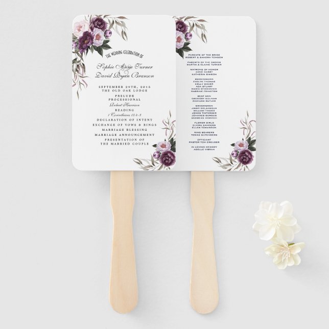 Watercolor Purple Pink Flowers Wedding Program   Hand Fan (Front and Back)