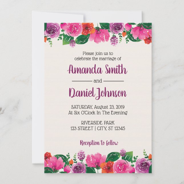 Watercolor Purple Pink Red Floral Flowers Invitation (Front)