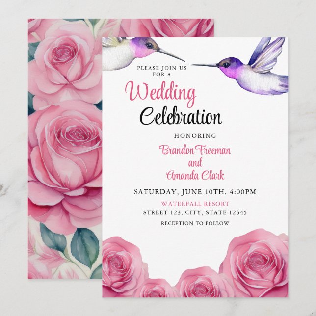 Watercolor Purple & Pink Rose Hummingbird Wedding Invitation (Front/Back)