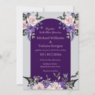 watercolor purple pink roses halloween wedding invitation