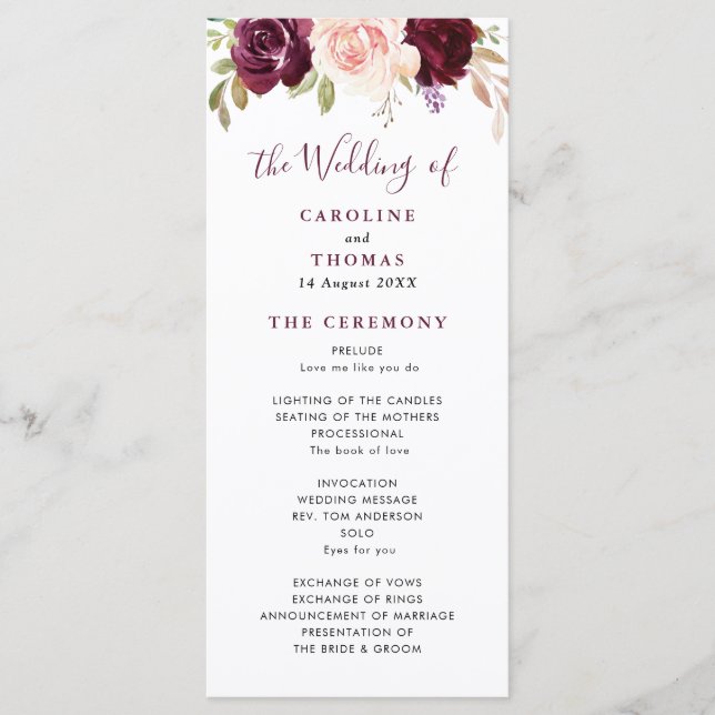 Watercolor purple plum and peach floral wedding programme (Front)